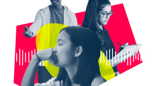Image shows three youth speaking, writing on a clipboard, and thinking. Youth are interspersed with colorful shapes and a depiction of a sound wave.  