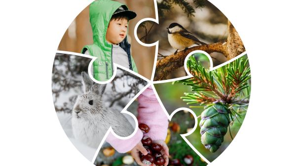 circle puzzle with images of young children in nature