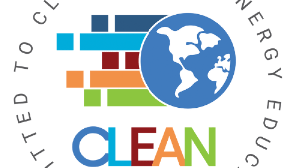 Text positioned as a circle and in all caps that reads, "Committed to Climate and Energy Education." Center of circle is a colorful graphic of a globe and the word CLEAN.