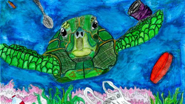 A painting of a sea turtle swimming over a coral reef cluttered with debris.