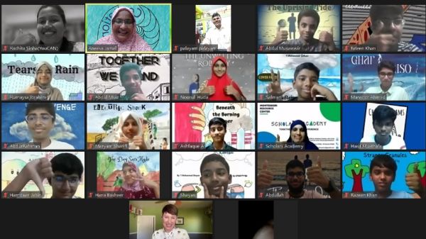 Screengrab of all sixteen young authors in the Earth Authors for Climate Change virtual launch