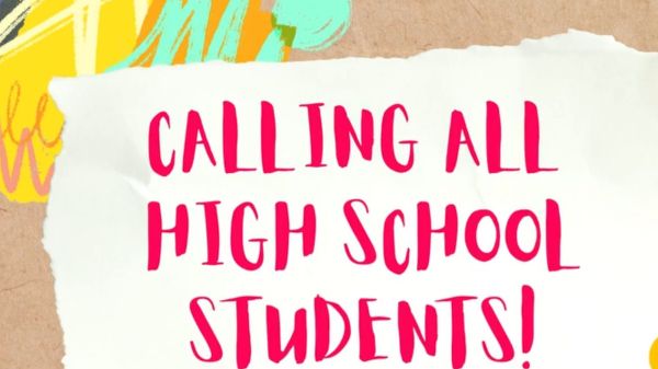 Colorful collage graphic with pink text that reads "Calling all high school students! Help us fight the climate emergency with your voice!"