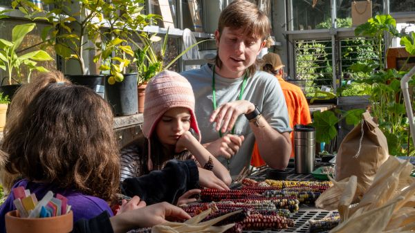 Finn Boss, a current grad, teaches students about maize domestication in the IslandWood greenhouse