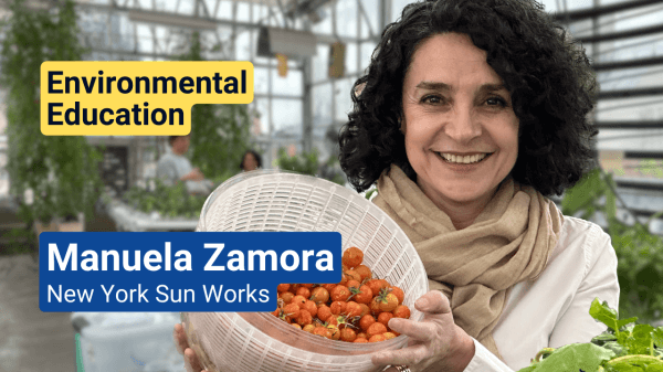 Photo of a smiling woman holding a bowl of tomatoes with text on the left that reads, "Environmental Education. Manuela Zamora. New York Sun Works"