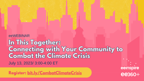 Pink-toned cityscape with a yellow background and the words "In This Together: Connecting with Your Community to Combat the Climate Crisis"