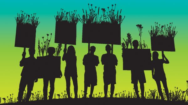 Regenerating Life poster that shows an illustration of a group of people holding signs silhouetted against a blue-green gradient background 