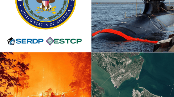 Grid of four images showing, from top-left clockwise, the Department of Defense emblem, a submarine surfacing, aerial view of a bay, and a wildfire