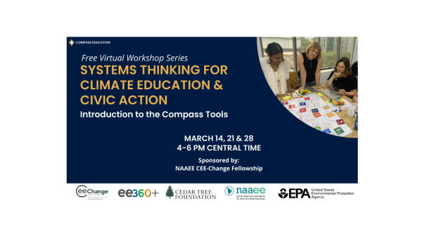 Blue background with text, "Free Virtual Workshop Series. Systems Thinking for Climate Education and Civic Action. Introduction to the COmpass Tools. March 14, 21, and 28. 4–6 PM Central Time. Sponsored by: NAAEE CEE-Change Fellowship"