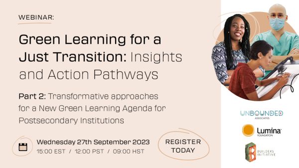 Light tan graphic with black text that reads "Green Learning for a Just Transition: Insights and Action Pathways."