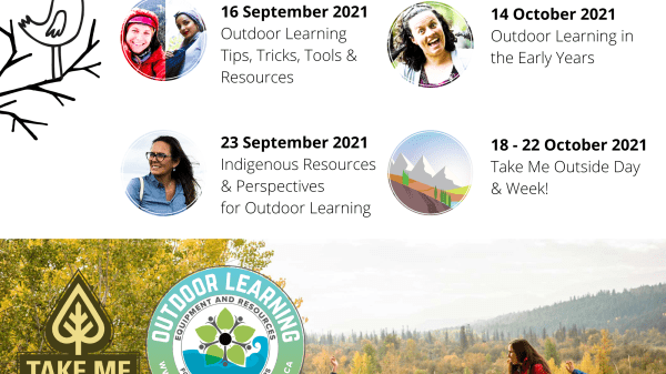 A portrait-oriented graphic with four speaker profiles in circle frames. The bottom shows a photo of a group of kids and a teacher in the outdoors with the Take Me Outside and Outdoor Learning logos.