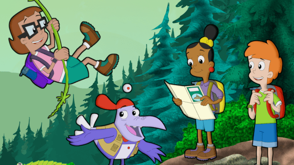 Illustration of three kids and a purple bird in a forest with white text that is included in the body of this post.