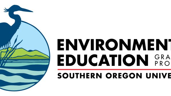 White background and an illustration of a blue heron, wavy blue lines like water, and green hills. Black text says: Environmental Education Graduate Program Southern Oregon University.