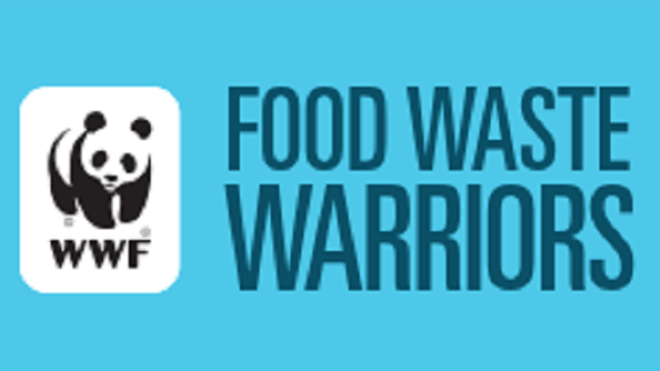 Graphic with blue background. The WWF logo on the left and dark blue text on the right reads "FOOD WASTE WARRIORS"