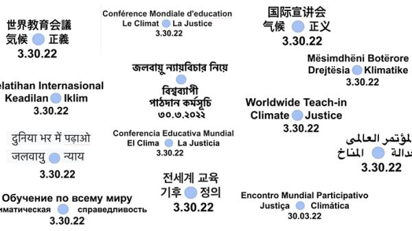Graphic of a white background with numerous texts in different languages saying, "Worldwide Teach-In: Climate and Justice"