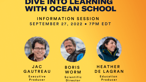 Ocean School's Free Online Information Session Poster. Event happens on Zoom on September 27 at 7pm Eastern. 