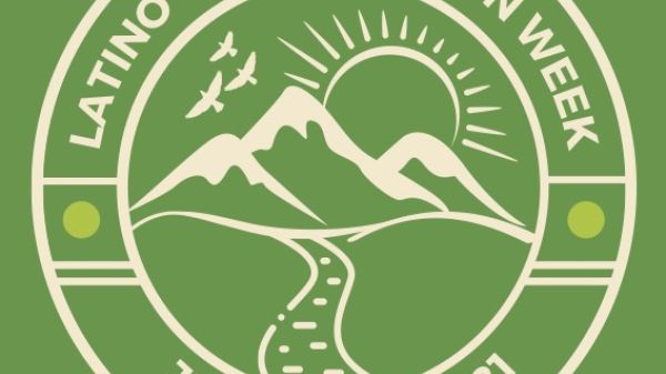 Graphic of a light green graphic with a stamp outline of a mountain range, flying birds, a rising sun and a road. Arched text at the top and bottom read: Latino Conservation Week, July 17-25, 2021