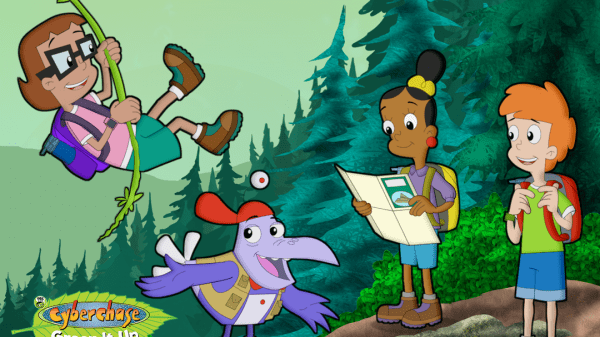 Illustration of three kids and a purple bird in a forest with white text that is included in the body of this post.