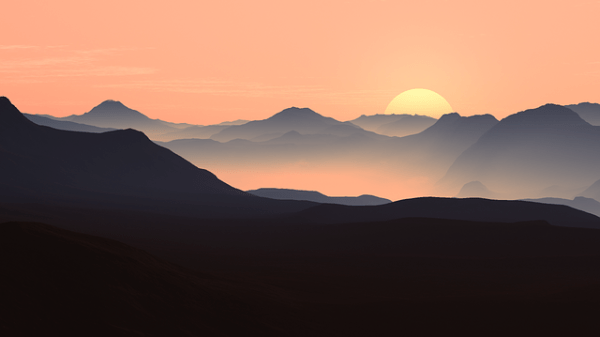 Illustration of mountain ranges at sunset