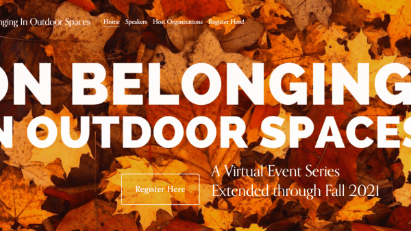 A graphic reads "On Belonging in Outdoor Spaces" over an image of fallen leaves.