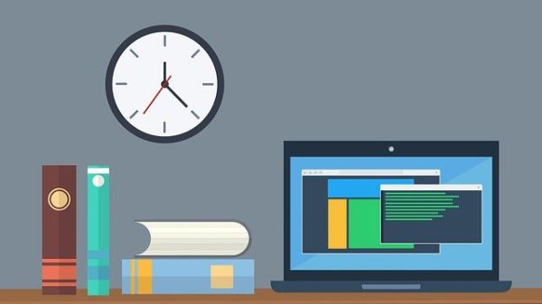 Graphic illustration of an office desk setup with colorful books, an open laptop, and a wall clock. 