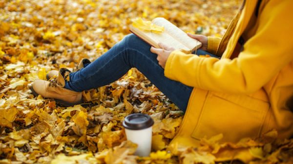 Person sitting amongst fallen yellow and orange leaves, wearing yellow raincoat and reading a book.