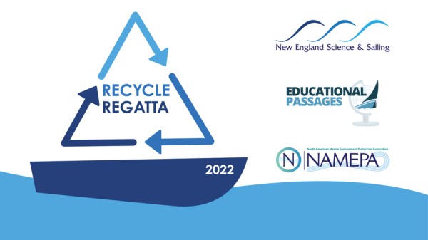recycle regatta log, blue arrows in form of sail over boat, New England Science & Sailing, Educational Passages, NAMEPA