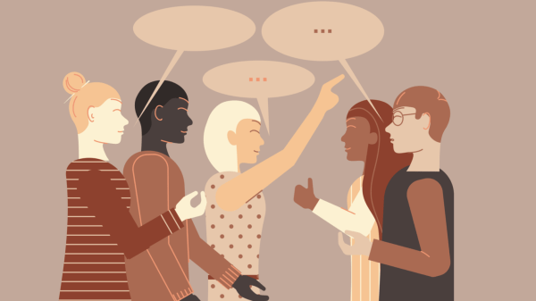 Illustration of five people chatting.