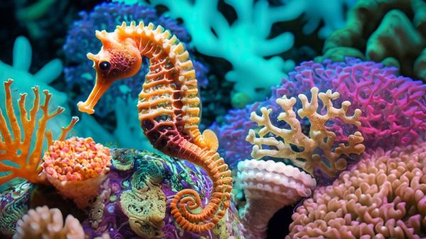 Close-up of a seahorse surrounded by coral