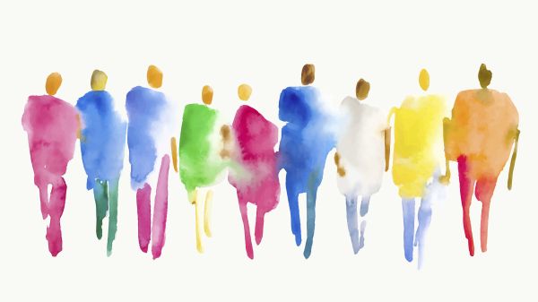 watercolor of diverse line of people wearing bright colors