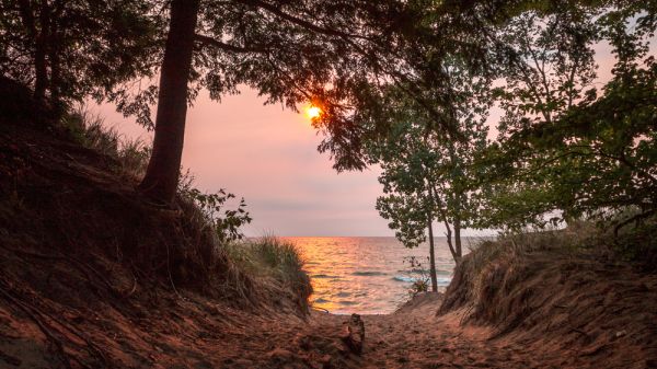 Sandy path towards Lake Michigan at sunset