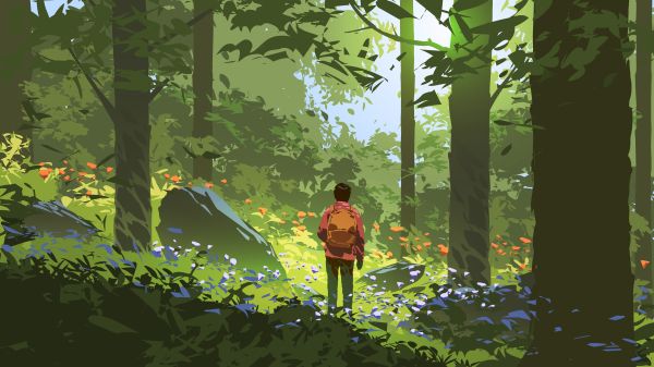 Illustration of person with backpack standing in middle of forest. Light shining through.