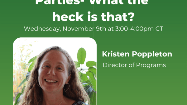 Green background with a profile photo of smiling woman with white text “Conference of the Parties—What the heck is that?”
