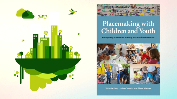 Graphic of an emerald city next to a book. The title is Placemaking with Children and Youth. It's one of the resources the speakers will be using.