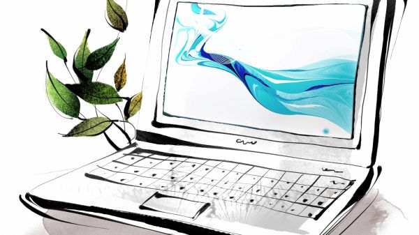 Illustration of laptop with vine growing out of the left side.