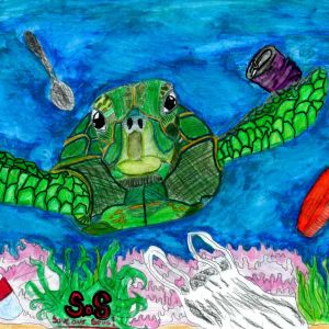 A painting of a sea turtle swimming over a coral reef cluttered with debris.