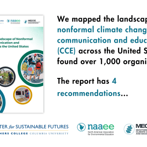 White background with a photo of a report cover on the left and black and blue text on the right says, "We mapped the landscape of nonformal climate change communication and education (CCE) across the United States and found over 1,000 organizations. The report has 4 recommendations..."