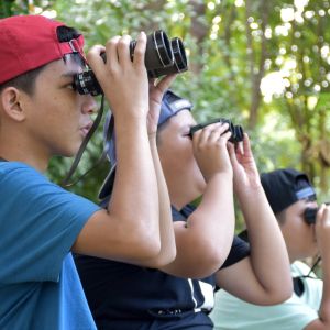 Group of teens stand in a row looking at a forest through binoculars