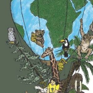 Illustration of a hot air balloon filled with wildlife and a person pulling up another person outside the balloon