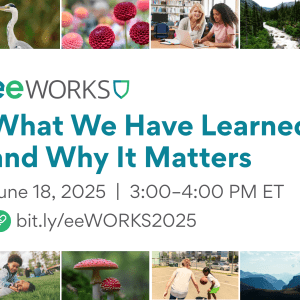 Multiple images represent our relationship with the environment, including wind turbines, kids playing in the grass, a various living creatures. Text says "eeWORKS: What We Have Learned and Why It Matters.""