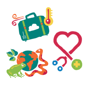 Illustrated icons of a globe, frog, snake, a traveling case, a thermometer, and a stethoscope