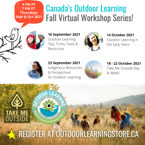 A portrait-oriented graphic with four speaker profiles in circle frames. The bottom shows a photo of a group of kids and a teacher in the outdoors with the Take Me Outside and Outdoor Learning logos.