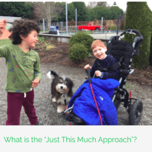 Two preschool kids one in a stroller play with a dog at nature-based inclusive preschool