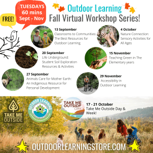 Top two-thirds of graphic is a white background with illustrations on red and yellow leaves, a black outline of a bird on a branch, and six circle-framed photos of nature. The bottom of the graphic is a landscape photo of a group of people playing outside near a forest. Text is in the body of the post.