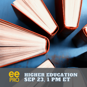 Photo of a ring of upright books with a gray border at the bottom with text that says, "eePRO/Higher Education Sep 23, 1 PM ET"