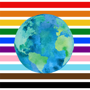A large blue and green watercolor Earth with rows of Progress Pride flag colors in the background.