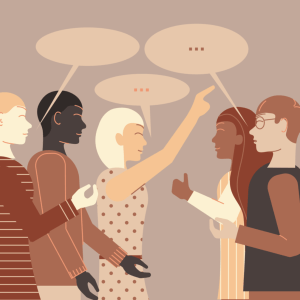 Illustration of five people chatting.