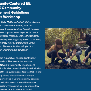 Blue background with white text that is included in body of text, and a photo of four people planting a tree on the right