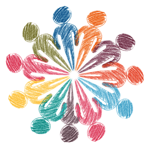 Colorful array of chalk drawn people assembled in a circle
