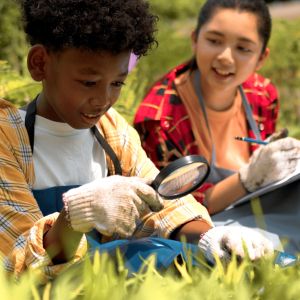 Two students in a garden