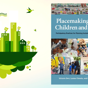 Graphic of an emerald city next to a book. The title is Placemaking with Children and Youth. It's one of the resources the speakers will be using.